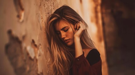Obraz premium A woman with long blonde hair leaning against a wall, AI
