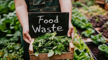 a woman holding a box of vegetables and a sign that says food waste