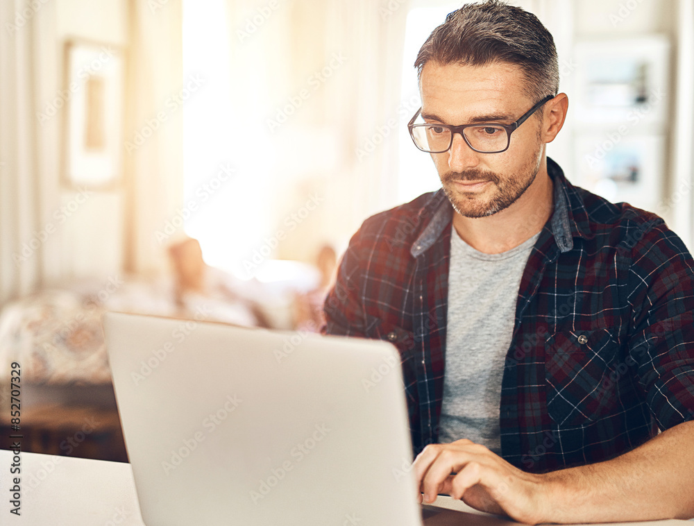 Aufkleber man, laptop and work from home, reading or planning of tech project or software development to suppo