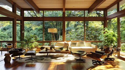 Fototapeta premium Modern Living Room with Abundant Natural Light and Greenery