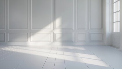 Fototapeta premium Abstract white studio background for product presentation. Empty room with shadows of window. Display product with blurred backdrop. potted plant