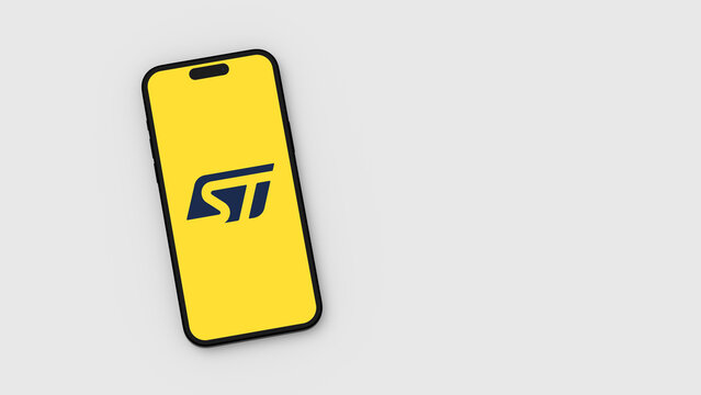 ST Microelectronics Logo on Mobile Phone Screen on Gray