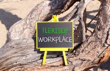 Flexible workplace symbol. Concept words Flexible workplace on beautiful yellow blackboard....