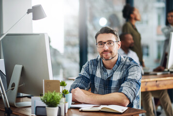 Office, journalist or business man in portrait for work, planning and editor for creative agency....