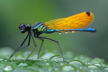 Close-Up of Vibrant Dragonfly on Leaf with Water Droplets - Nature, Insect, Macro Photography