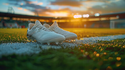 A pair of soccer cleats in focus on a green soccer field. In the background, an illuminated football stadium at dusk. Generative AI.