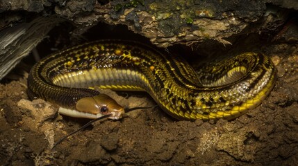 Obraz premium A snake is curled up in a cave with its head sticking out, AI