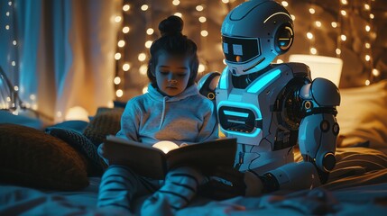 Android robot parents reading bedtime stories to their child, cozy bedroom setting, high-definition