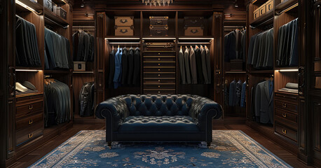 Closet interior, displaying an opulent suit rack and a comfortable black sofa. Generative AI.