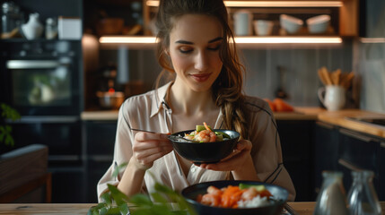 Beautiful woman eating a poke bowl