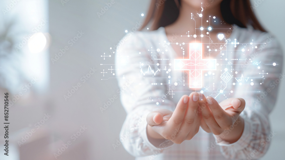 Poster mysterious woman points to a luminous hologram of digital icons and charts