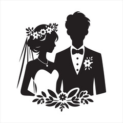 Print bride & groom, unique floral half moon love  black vector silhouette bride groom unique design icons bundle silhouette vector image with withe backgrounds
