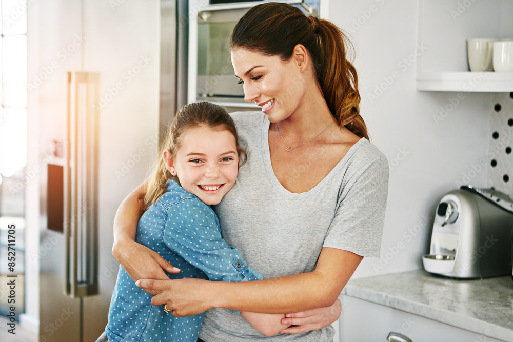 Poster Happy family, woman and daughter in portrait with hug, affection and trust in bonding for memory as preteen. Cheerful mom, girl and home for love, support and childhood development on mothers day