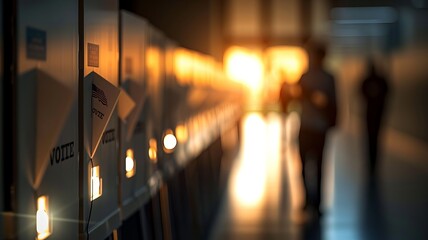 Fototapeta premium A row of illuminated lockers in a dimly lit corridor during sunset, with a silhouette of a person in the background.