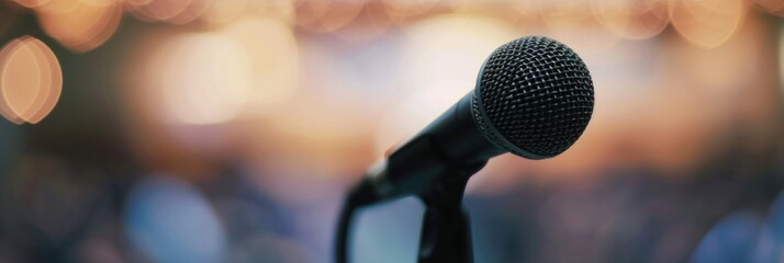 Mic on Stage isolated on a bokeh background with copy space. Microphone On Stage With Bokeh Light. Stand up comedy Open Mic concept. Performance or conference concept.