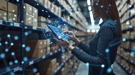 A woman uses a tablet in a warehouse with an automated inventory management system