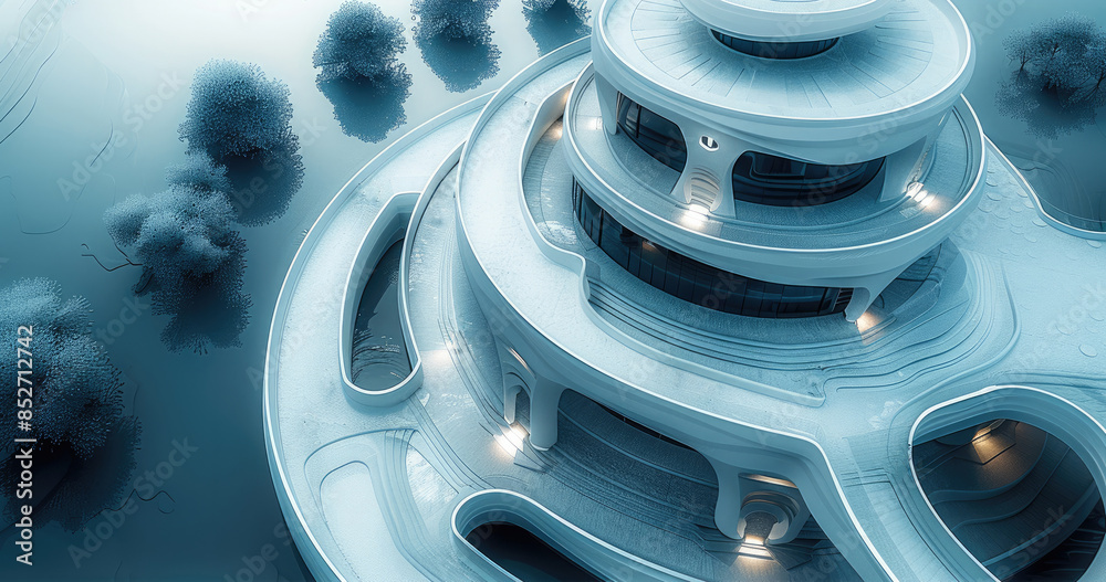 Poster a top down directly overhead view of a futuristic building with entrance, circular, white. generativ