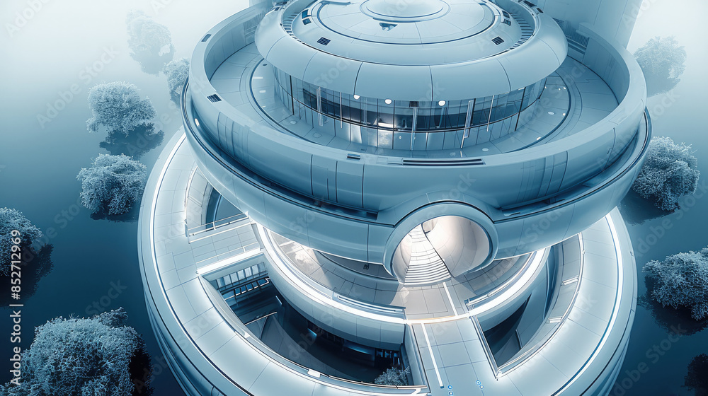 Poster A top down directly overhead view of a futuristic building with entrance, circular, white. Generative AI.