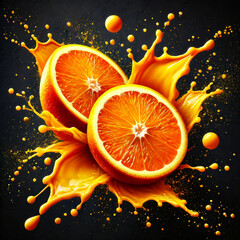 Vibrant orange slices with a dynamic splash of orange liquid, creating a visually striking and energetic composition. The dark background enhances the bright, refreshing colors of the fruit.