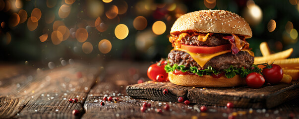 Juicy Gourmet Cheeseburger Served with Crispy French Fries on a Wooden Board in a Cozy Restaurant Setting, Glowing Bokeh Background Adds a Festive Touch to the Delicious Meal
