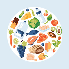 Set of food and drink grocery store objects. Advertising local shopping. Square and circle design composition. Vector flat illustration