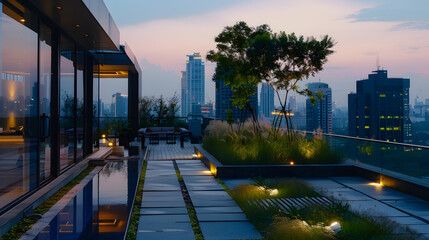 Fototapeta premium A Zen-inspired rooftop garden overlooking the city a peaceful retreat amidst urban chaos.