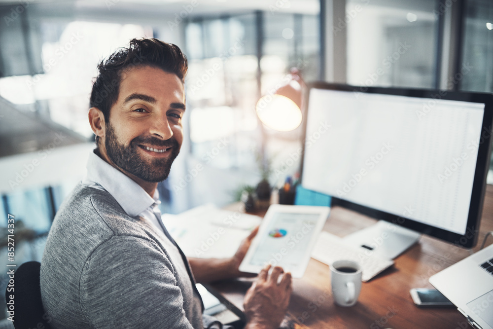 Poster Businessman, portrait and tablet for online research with web design and software development for seo project in office. Designer guy, tech and internet for check website traffic and algorithm review