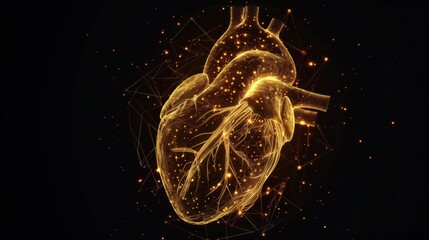 A heart made of lines and dots is beating and pulsing, glowing golden color on a black background. Heart donor day or month background