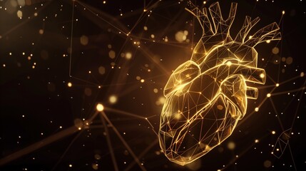 A heart made of lines and dots is beating and pulsing, glowing golden color on a black background. Heart donor day or month background