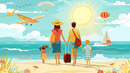 Happy Family on Beach. Father, Mother, Son and Daughter enjoying Beach Vacation walking on Sand. Parents and Children having Fun at Beach. 
