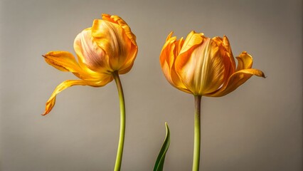 Vibrant yellow-orange tulips with delicate petals, one wilted, against a soft, serene pastel gray beige background, ideal for a botany-inspired wallpaper or creative design element.