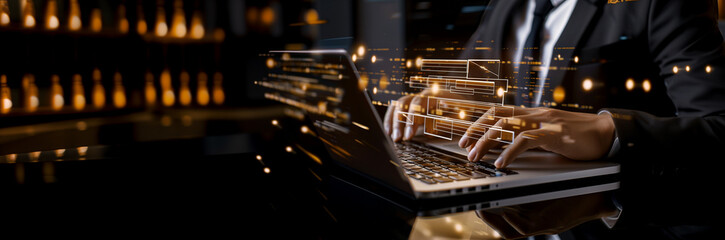 Document management system (DMS) technology, businessman use laptop with database folder online to store files document data digital file storage process with security