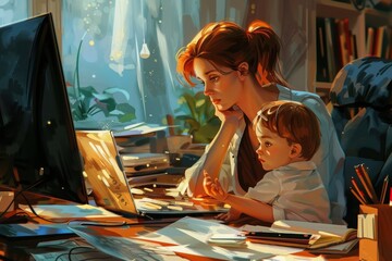 Busy working mother doesn't have time for her kid, Generative AI