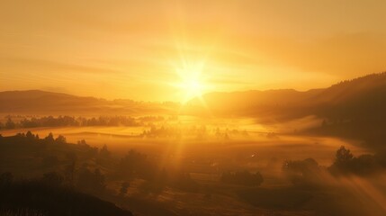 A breathtaking sunrise over a misty valley, with soft golden light illuminating the landscape.