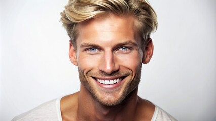Attractive scandinavian male model with chiseled jawline, stylish blonde hair, and bright white teeth, smiling directly at the camera, isolated on a pure white background.