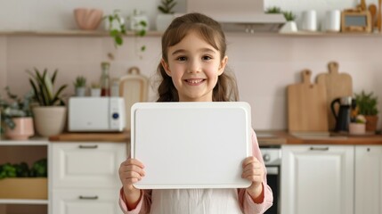 Happy 13-year-old girl, smiling at the camera, holding a whiteboard, kitchen background with modern appliances, photo-realistic image, natural light