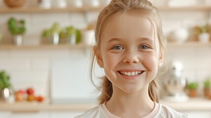 Happy 13-year-old girl with a whiteboard, smiling and looking at the camera, standing in a realistic, well-lit kitchen, detailed textures and lighting