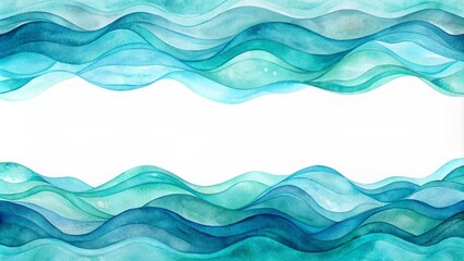 Vibrant turquoise watercolor sea ocean wave background featuring hand-painted waves in shades of blue and teal, perfect for banner or frame design.