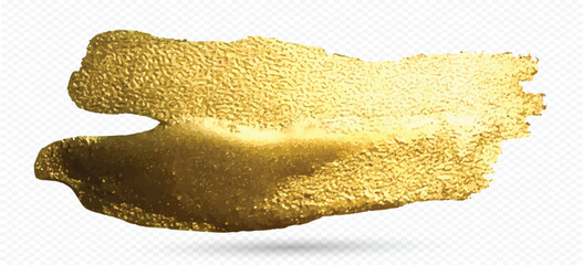 Gold paint brush smear stroke. Golden paint brush stroke with foil texture. Hand drawing gold brush stroke paint spot design element. Acrylic golden color stain on white background. 