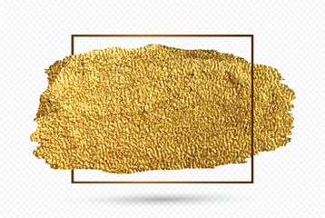 Gold paint brush smear stroke. Realistic gold brush stroke with metallic effect. Hand drawing gold brush stroke paint spot design element. Acrylic golden color stain on white background.