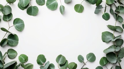 Herbal eucalyptus leaves arranged as a frame, white background, perfect for a simple and minimalist wedding invitation, watercolor style with copy space for custom text