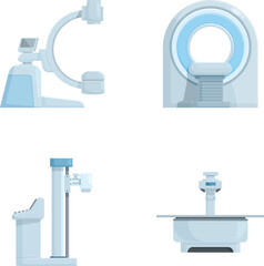 Collection of four medical diagnostic machine icons including mri and xray equipment