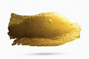 Golden paint brush stroke. Gold paint smear with glittering texture. Realistic gold brush stroke with metallic effect. Hand drawing gold brush stroke paint spot design element.