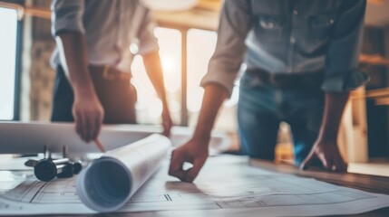 Architects Collaborating Over Blueprints