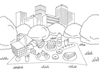 Picnic in city park graphic black white landscape sketch illustration vector