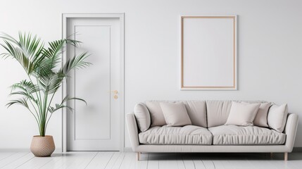 Home staging concept, empty picture frames on a white wall, bright living room with a modern sofa, assorted cushions, and a tall potted palm plant seen through an open door