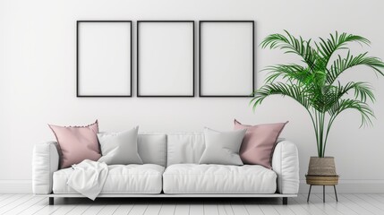 Home staging concept, empty picture frames on a white wall, bright living room with a modern sofa, assorted cushions, and a tall potted palm plant seen through an open door