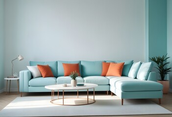 teal and orange modern living room with sofa