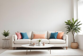 modern living room with blue, pink and orange pillow  and sofa