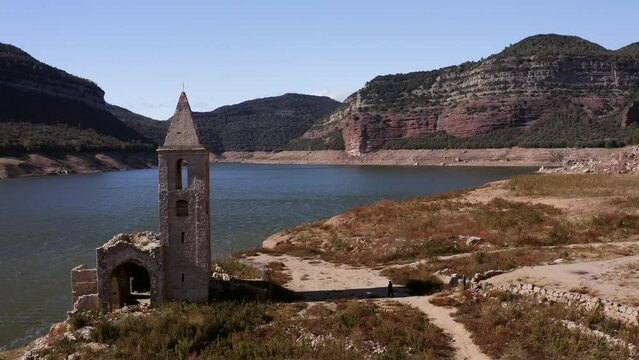 Panorama the Sau Reservoir with Sant Rom&agrave; de Sau in the Ter River, in the Province of Girona, Catalonia, Spain